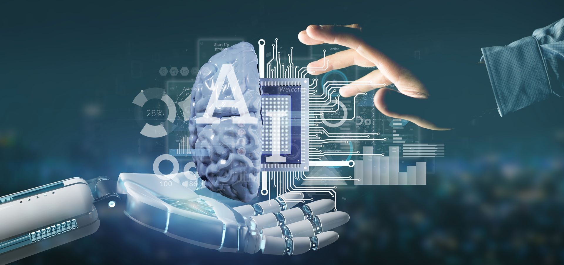 View of Cyborg hand holding artificial intelligence icon with half brain and half circuit 3d rendering